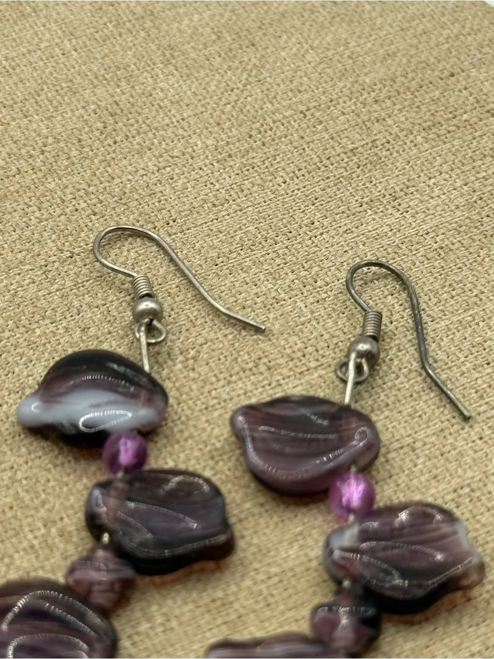 Set of two Handmade Lavender and Plum Glass Dangle Earrings